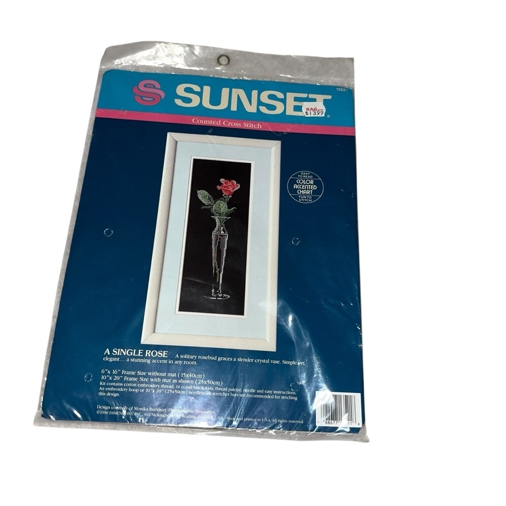 Sunset counted cross stitch rose vintage dead stock new